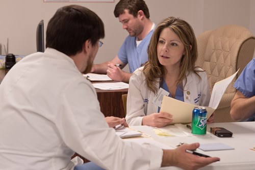 Dr. Chasity Torrence and fourth-year medical student Jonathan Baker review a case on October 15 in the Mississippi Psychiatric Outreach Program at the Jackson Free Clinic. 