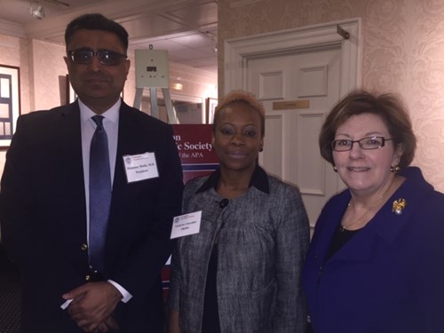 Mansoor Malik, MD, MBA, FAPA, WPS President, Victoria Chevalier, RPLU, PRMS Assistant Vice President Underwriting, and Joanne Dunne, CAE, WPS Executive Director at the 2019 Presidential Symposium.